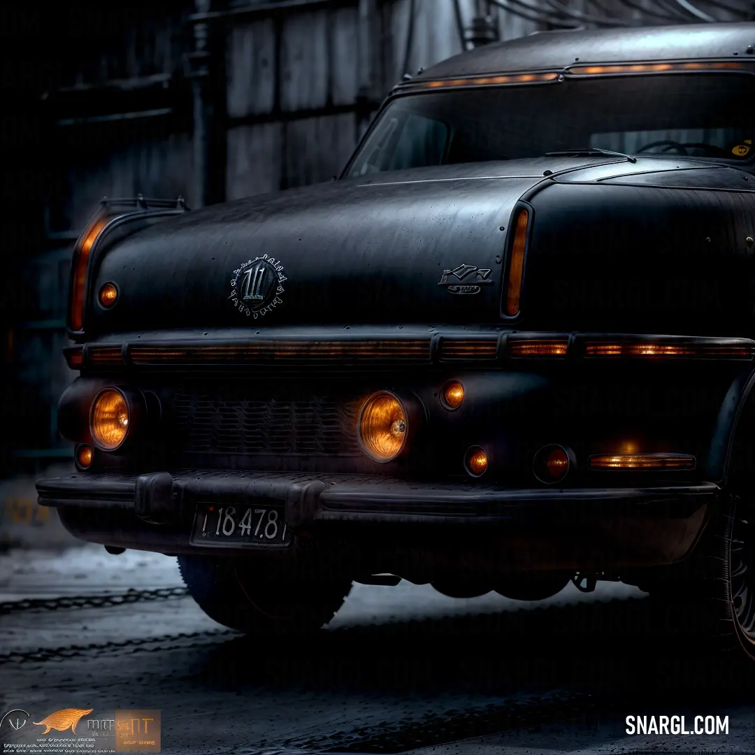 Black truck parked in a parking lot next to a building with a clock on it's side. Example of #967117 color.