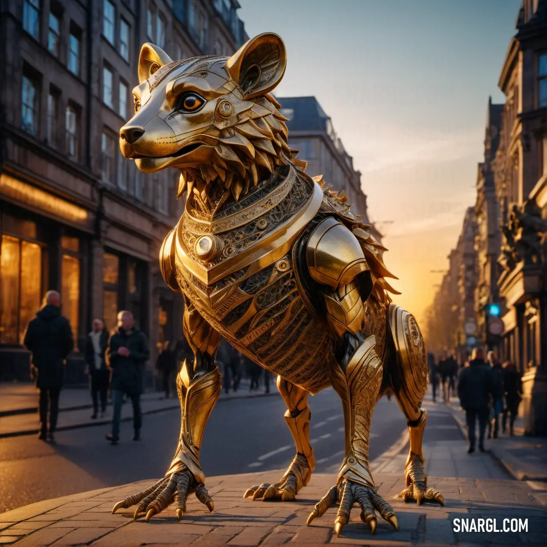 Golden statue of a dog on a city street at sunset or dawn with people walking by and a building in the background