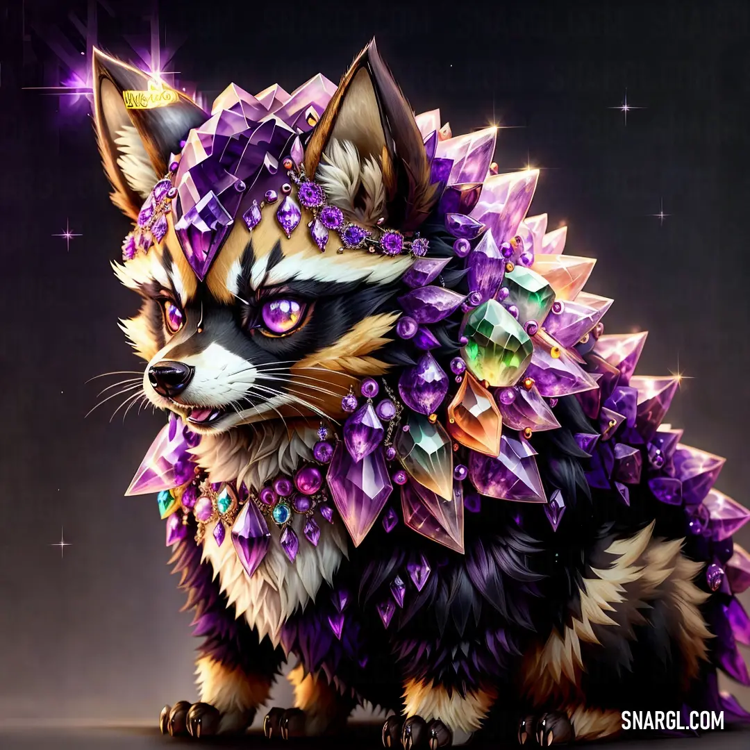 Painting of a raccoon wearing a purple dress and jewels on its head and neck. Color #967117.