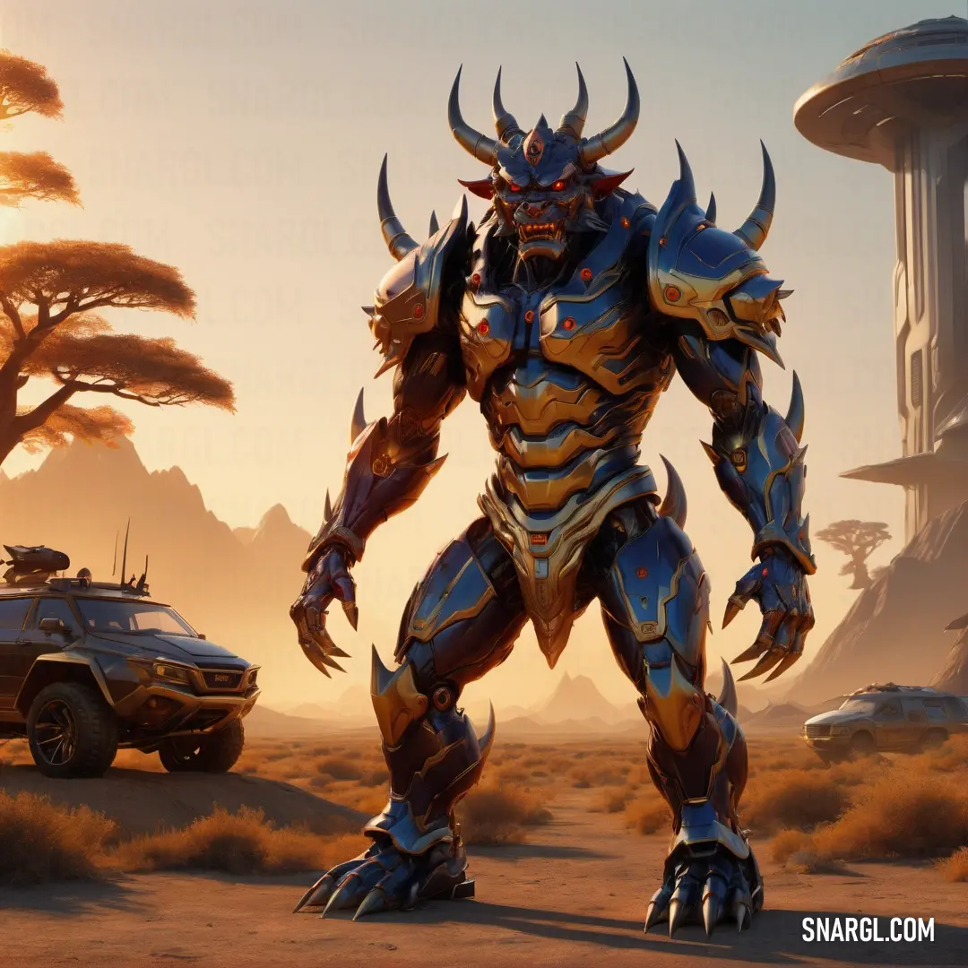 Robot like creature standing in front of a vehicle in a desert area. Color #967117.