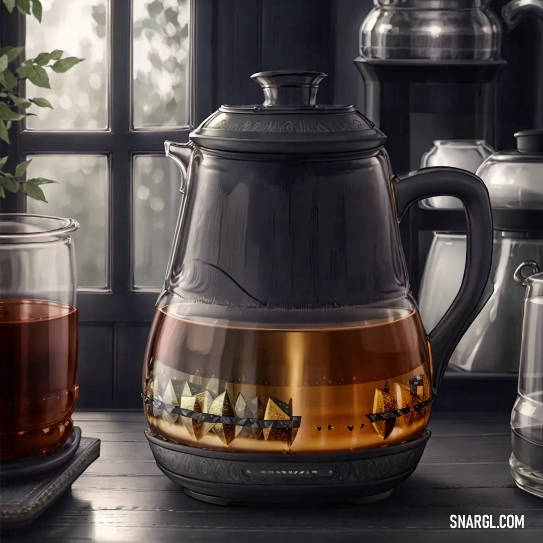 Tea pot and a glass of tea on a table with a potted plant in the background. Example of Sandy taupe color.