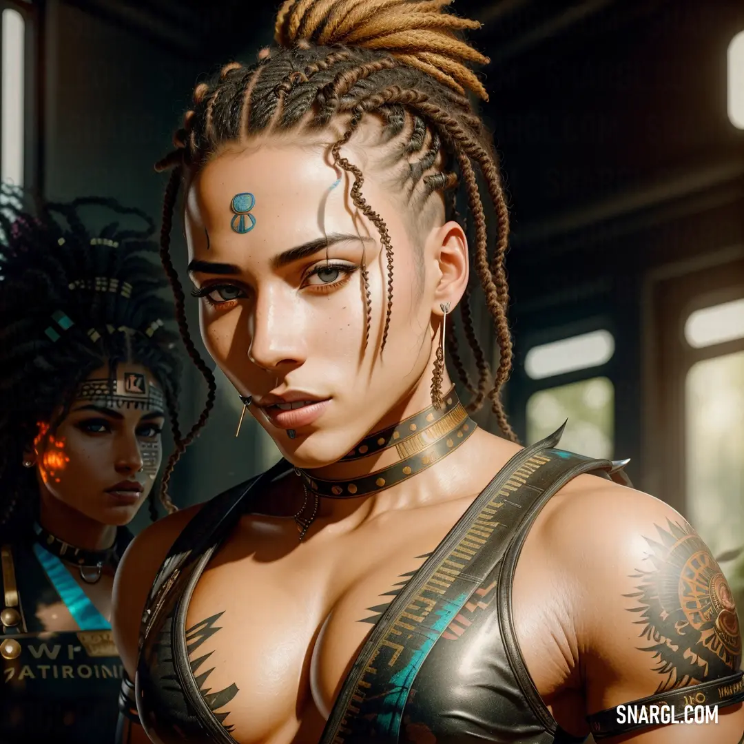 Woman with dreadlocks and a topless body in a video game avatar with other women in the background