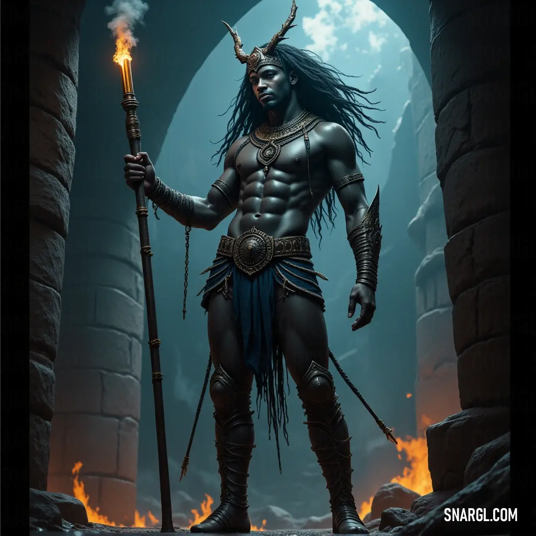 A fierce warrior with horns, wielding a flaming staff, stands tall before a grand doorway, radiating power and mystery. A powerful figure with a horned head, holding a mystical staff with a fiery orb in his hand, stands proudly in front of an ancient doorway, exuding strength and determination.