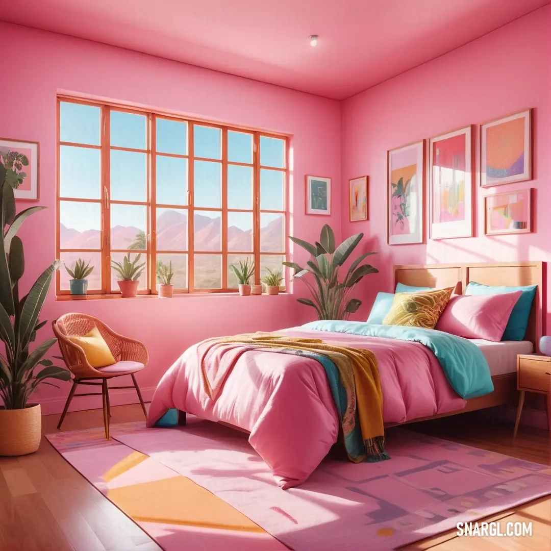 Bedroom with pink walls and a bed with a pink comforter and a pink rug with a plant on it. Example of #B14566 color.
