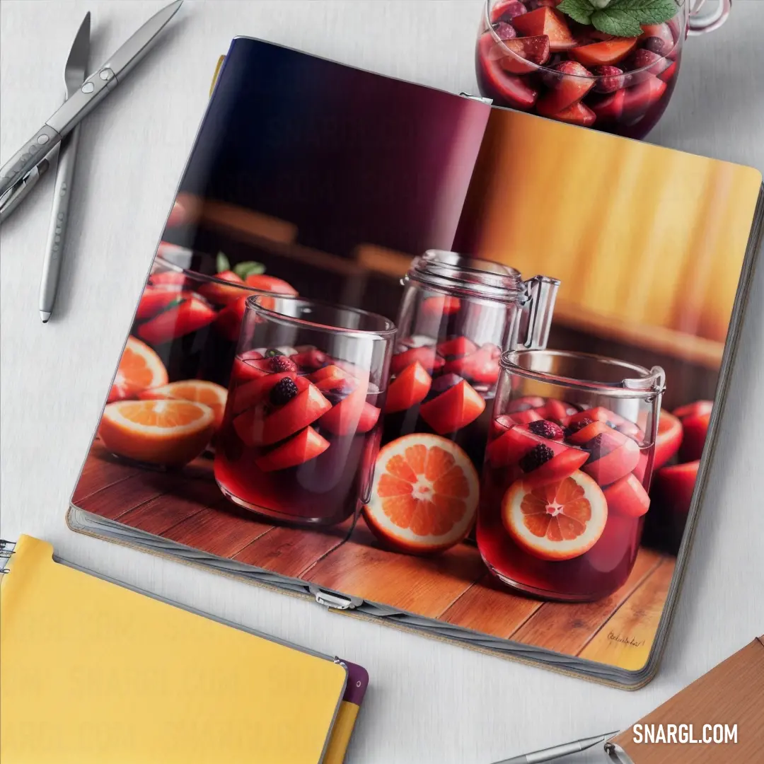 Book with a picture of fruit in it and a glass of juice on the cover of it with a knife and a fork