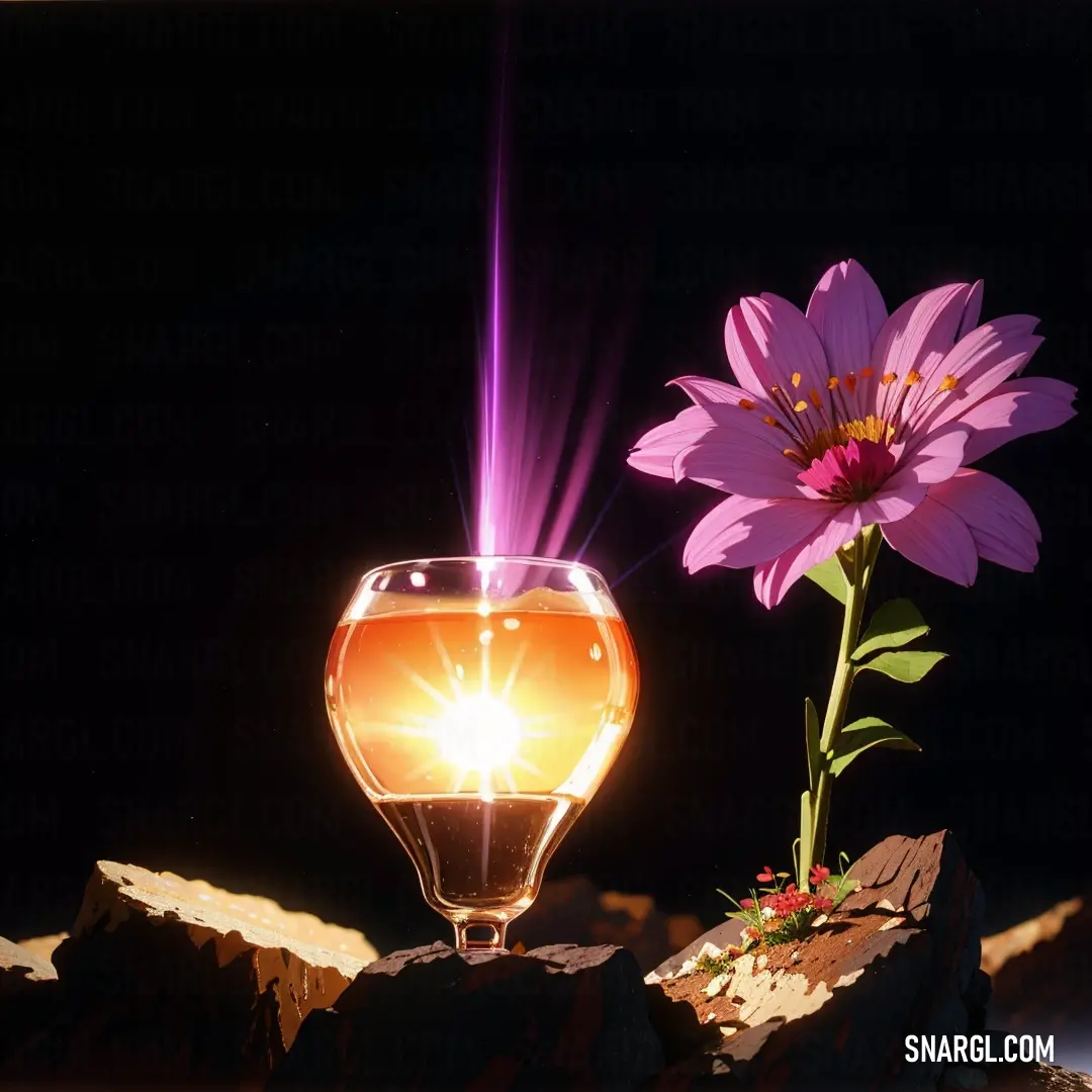 Flower that is in a vase on a rock with a light coming out of it
