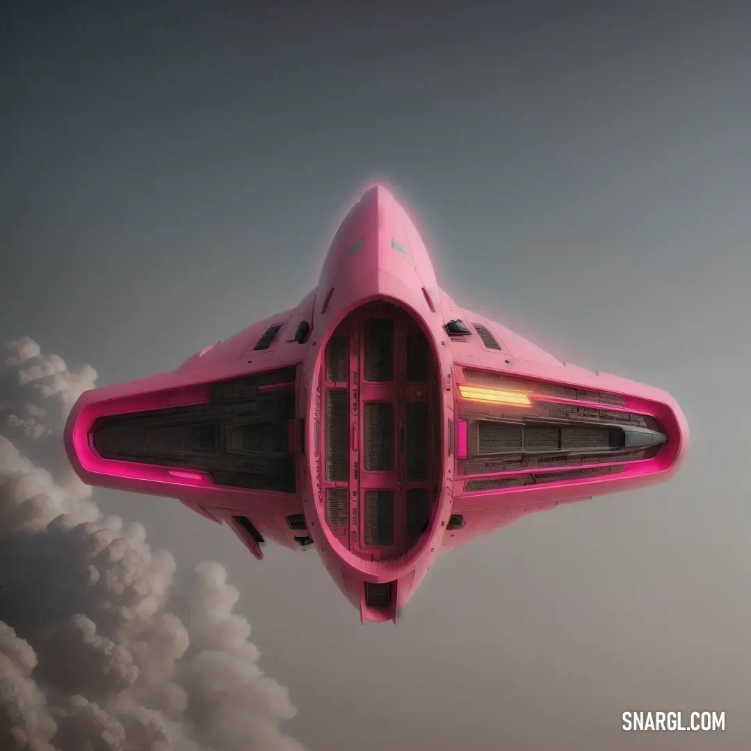 Futuristic pink vehicle flying through a cloudy sky with a pink light on it's side and a red light on the front
