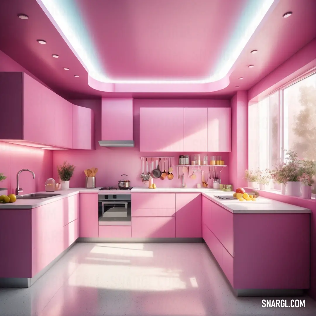 Sangria color example: Kitchen with pink cabinets and a white counter top and a window with a bright light coming in from the window