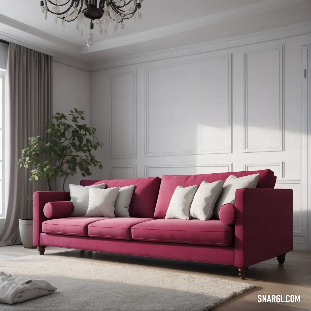 Living room with a pink couch and a chandelier hanging from the ceiling and a potted plant in the corner. Example of Sangria color.