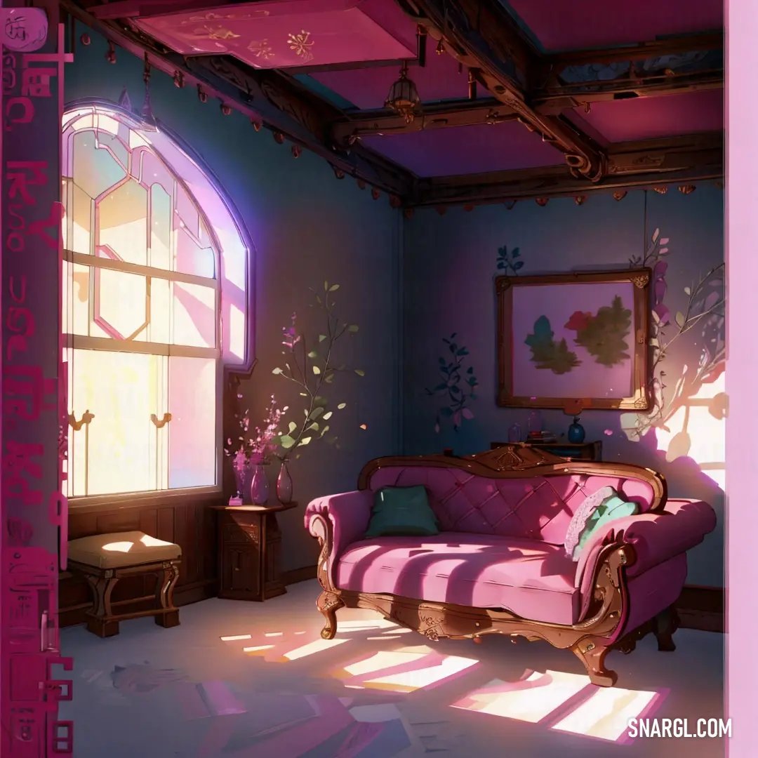 Sangria color example: Living room with a pink couch and a window with a pink curtain and a pink chair with a pillow