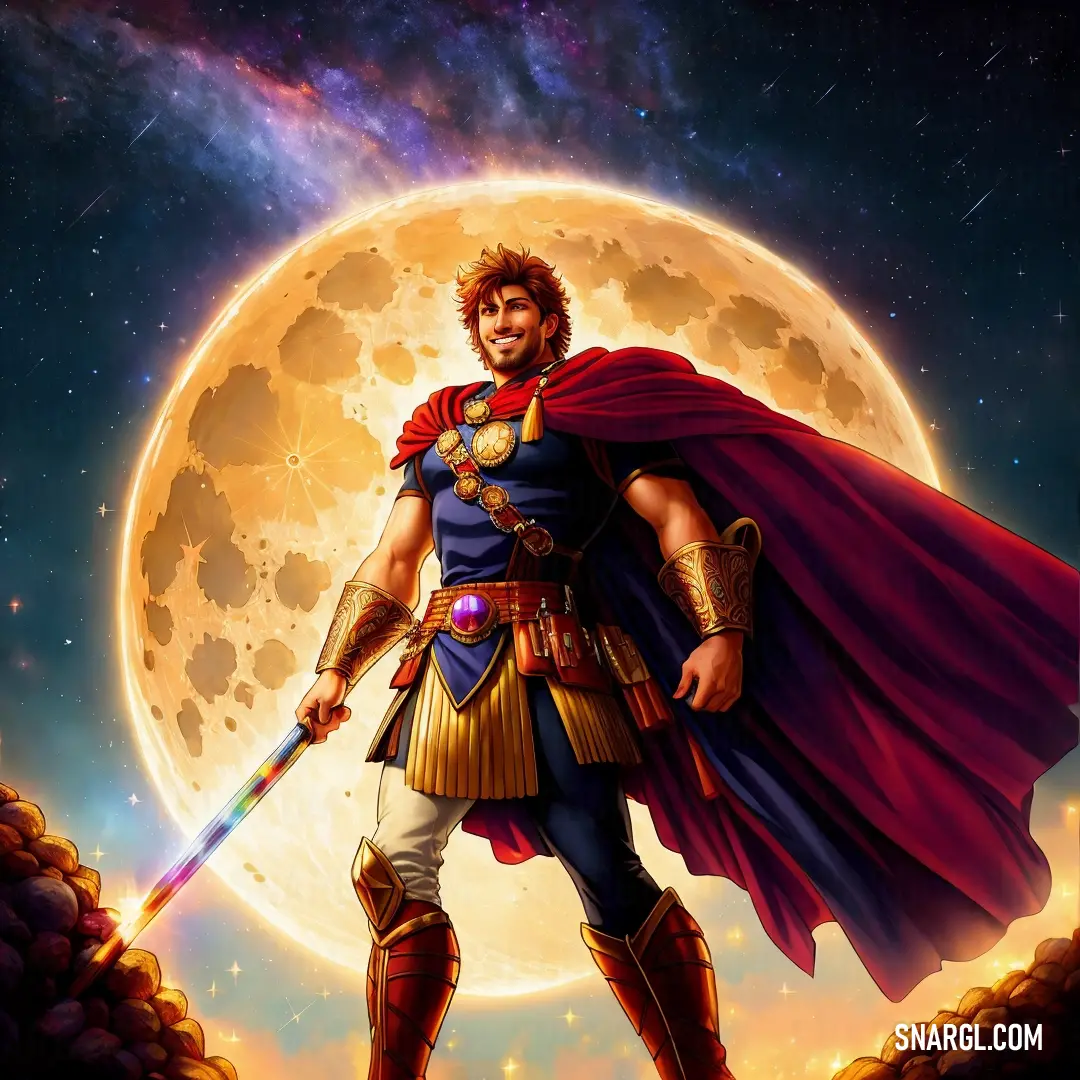 Man in a roman costume standing in front of a full moon with a sword in his hand and a cape on his head
