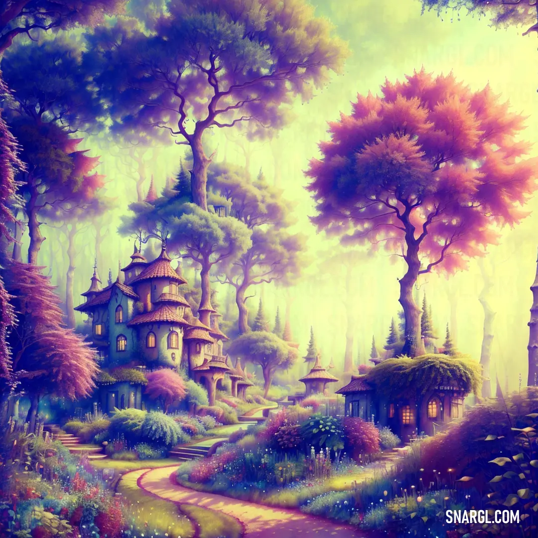 Painting of a forest with a house in the middle of it and a path leading to it