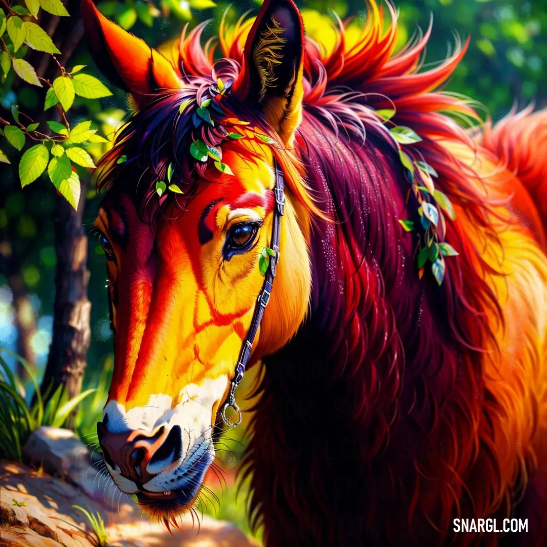 Painting of a horse with a colorful mane and a flower crown on its head