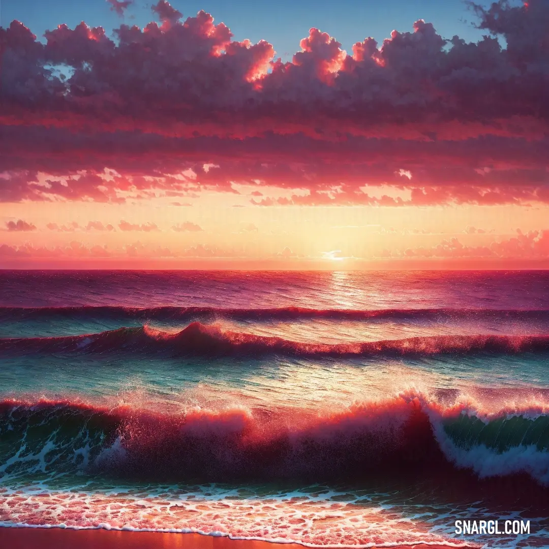 Painting of a sunset over the ocean with waves crashing on the shore