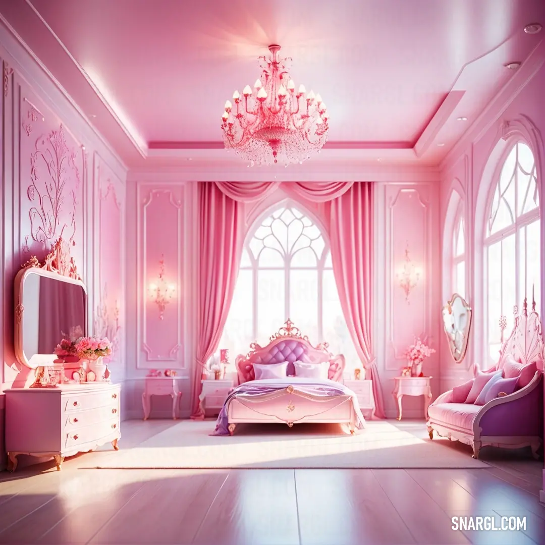 Pink bedroom with a chandelier and a bed in it's center area with a pink couch and chair. Color CMYK 0,61,42,31.