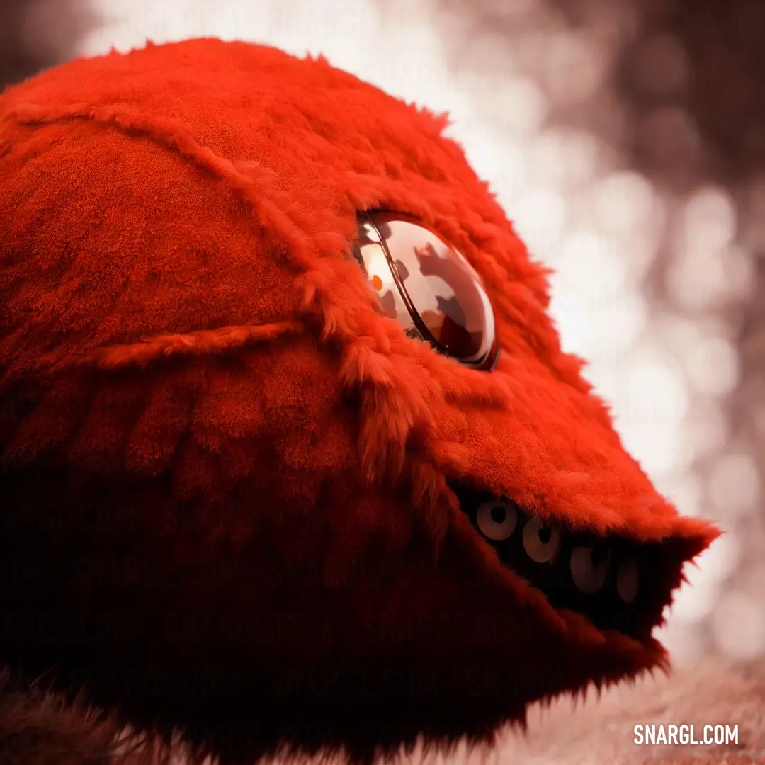 Red stuffed animal with a button on it's face and eyes