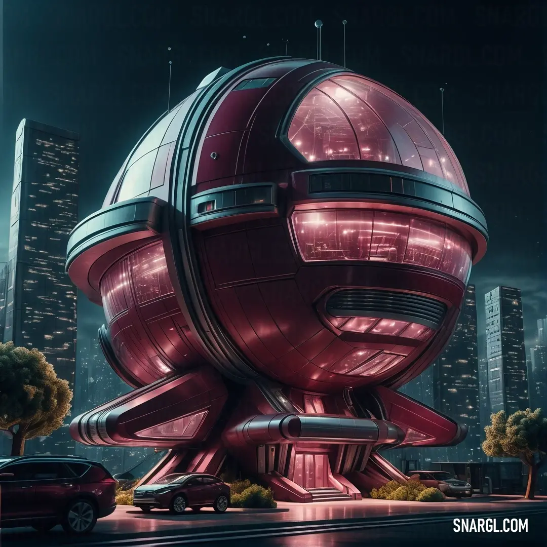 Futuristic building with a giant red object on top of it's roof and a car parked in front of it. Example of CMYK 0,61,42,31 color.
