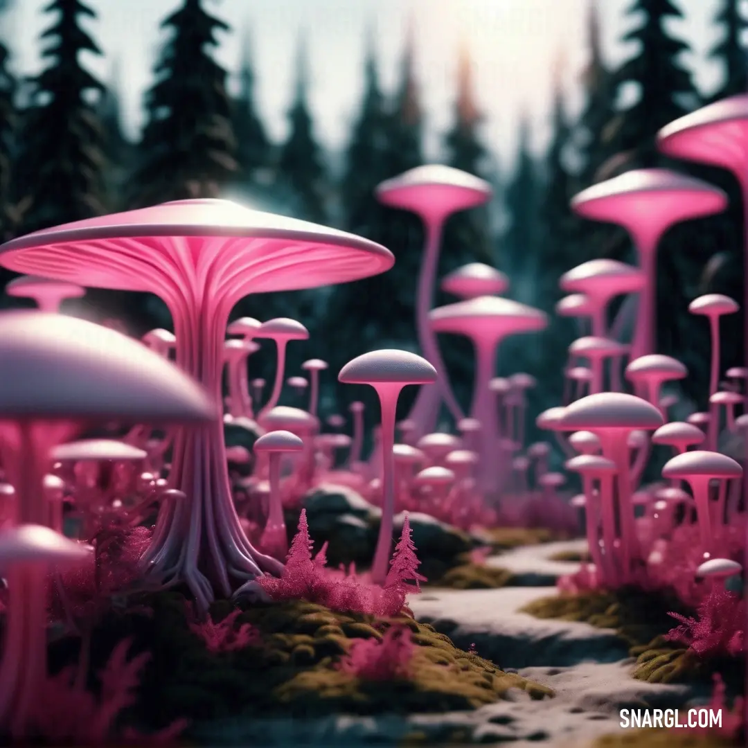 Group of pink mushrooms in a forest of trees and grass with a path leading to them. Color #B14566.