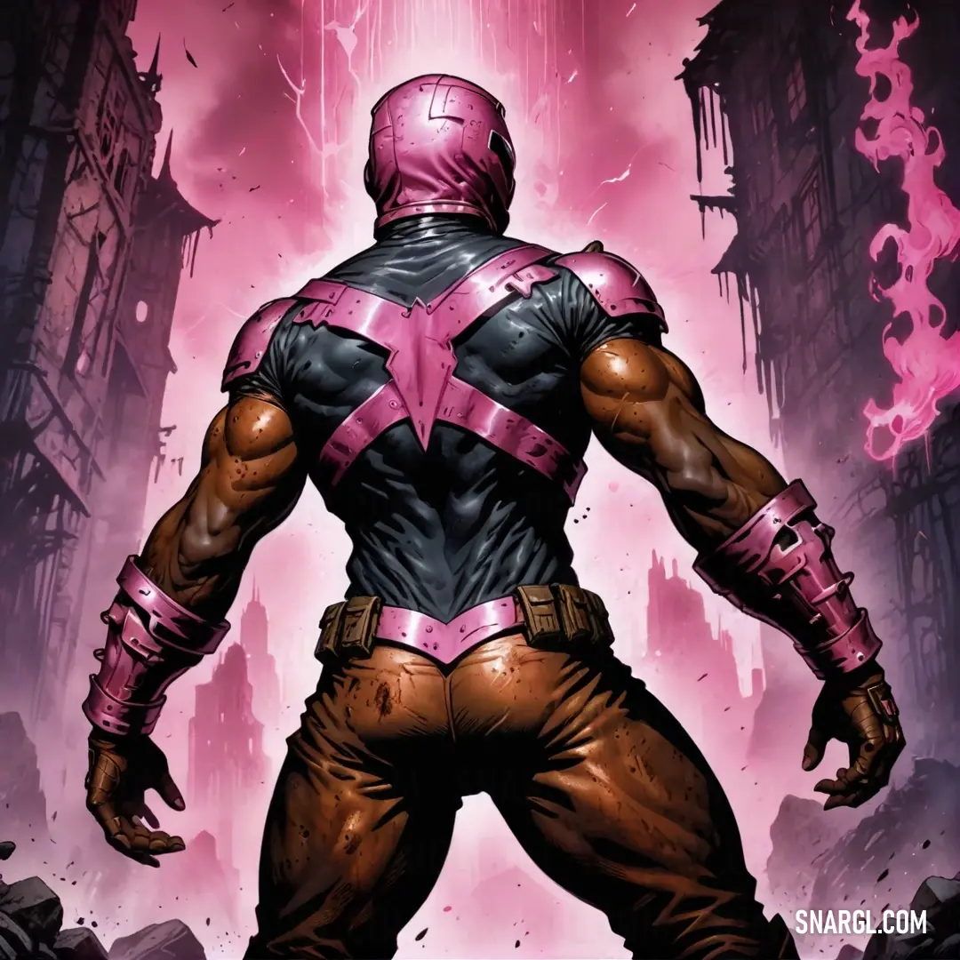 Sangria color. Man in a pink and black costume standing in front of a cityscape