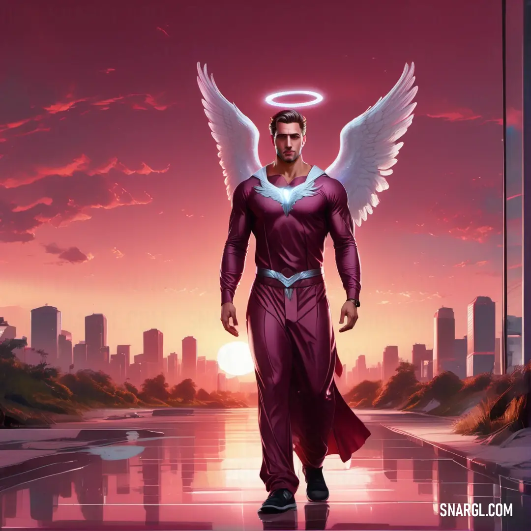 Sangria color. Man in a purple suit with angel wings walking down a street at sunset with a city in the background