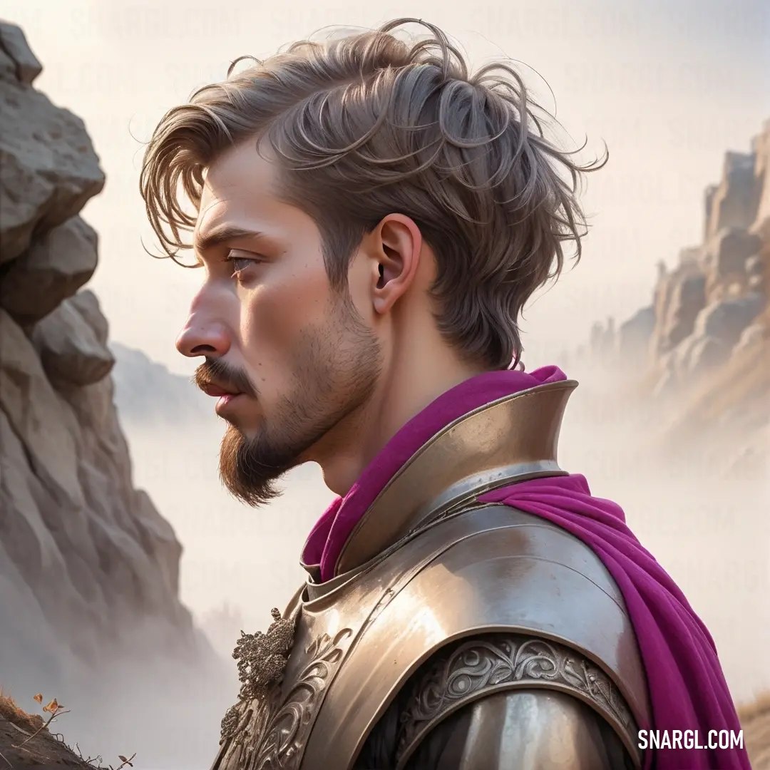 Man with a beard and a purple cape standing in front of a mountain range with a rock formation. Example of Sangria color.