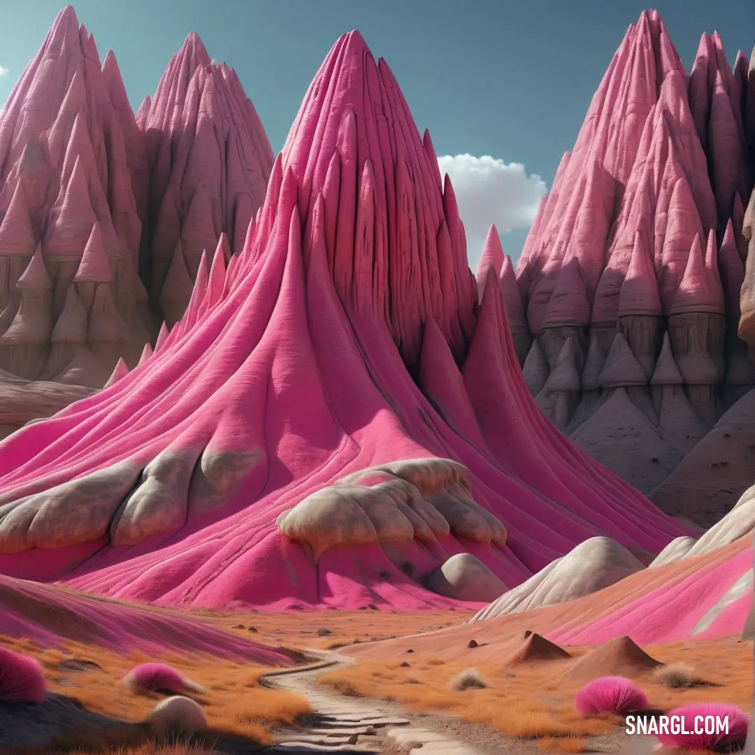 Painting of a desert with pink mountains and rocks in the background. Example of RGB 177,69,102 color.