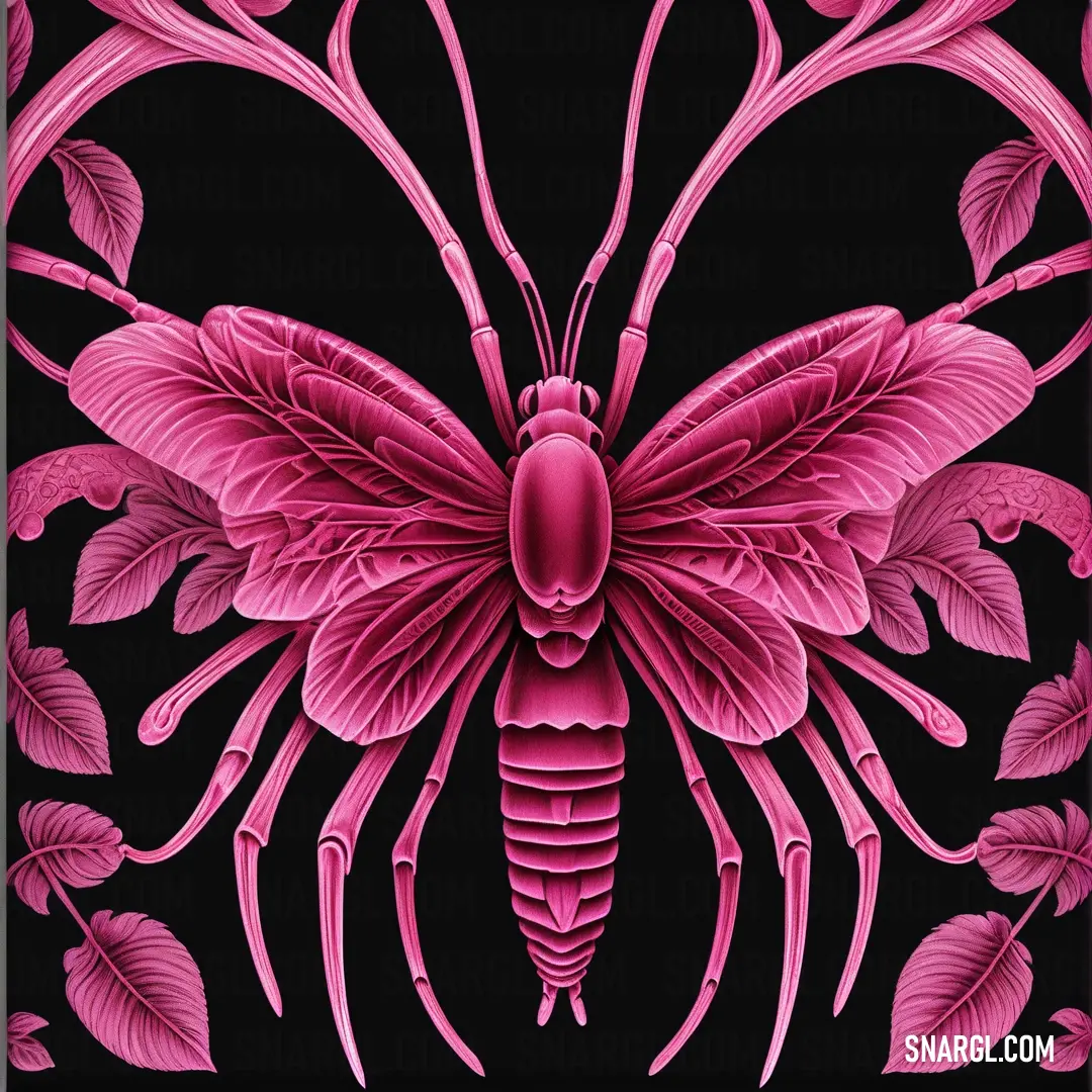 Pink butterfly with leaves on a black background. Example of Sangria color.