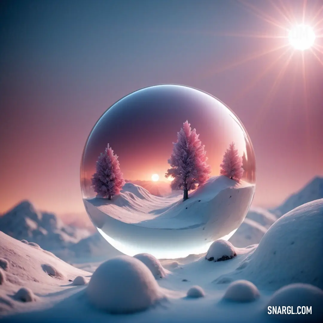 Snow globe with trees inside of it in the snow at night time with the sun shining through the sky. Color CMYK 0,61,42,31.