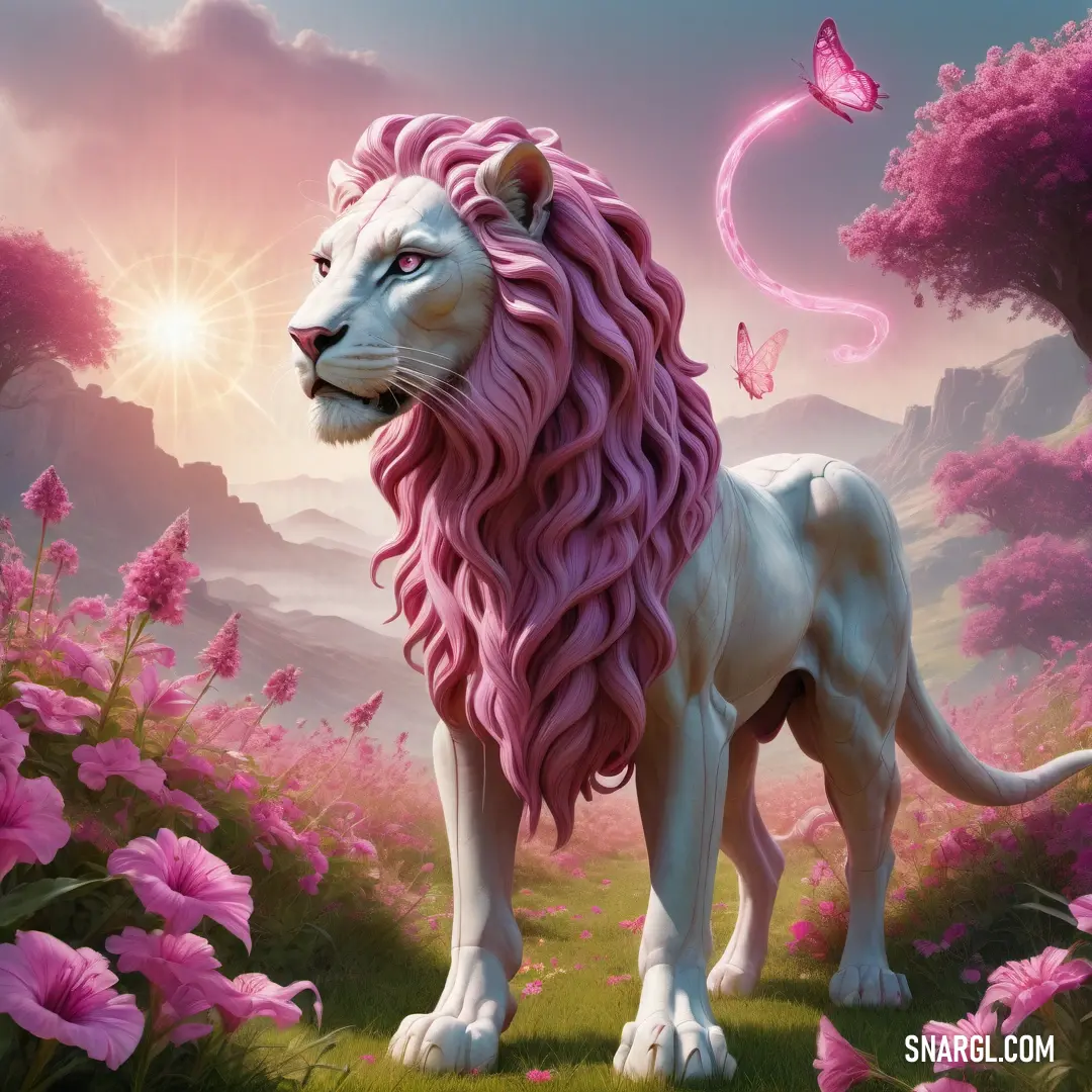 White lion with pink mane standing in a field of flowers with a butterfly flying above it. Example of Sangria color.