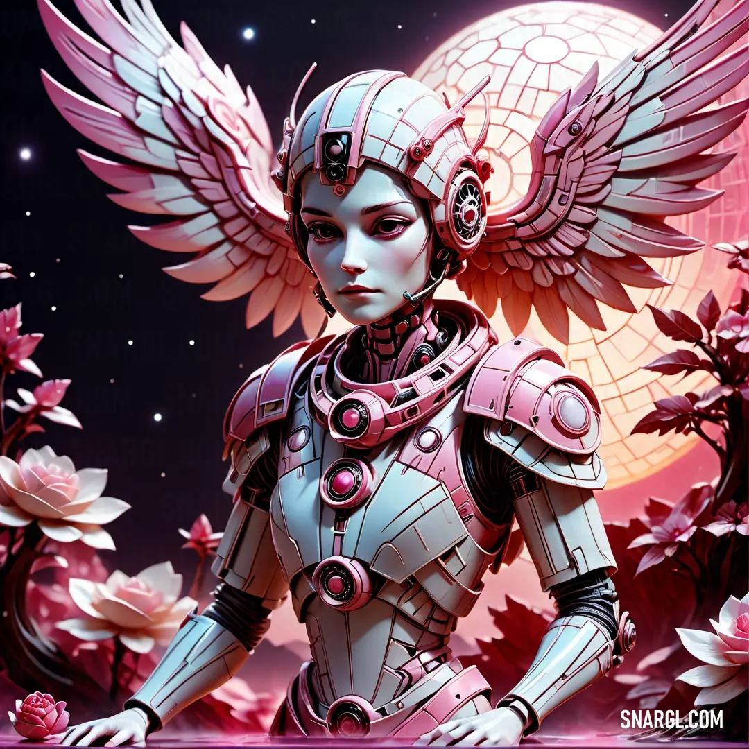 Sangria color. Woman in a futuristic suit with wings and a moon in the background