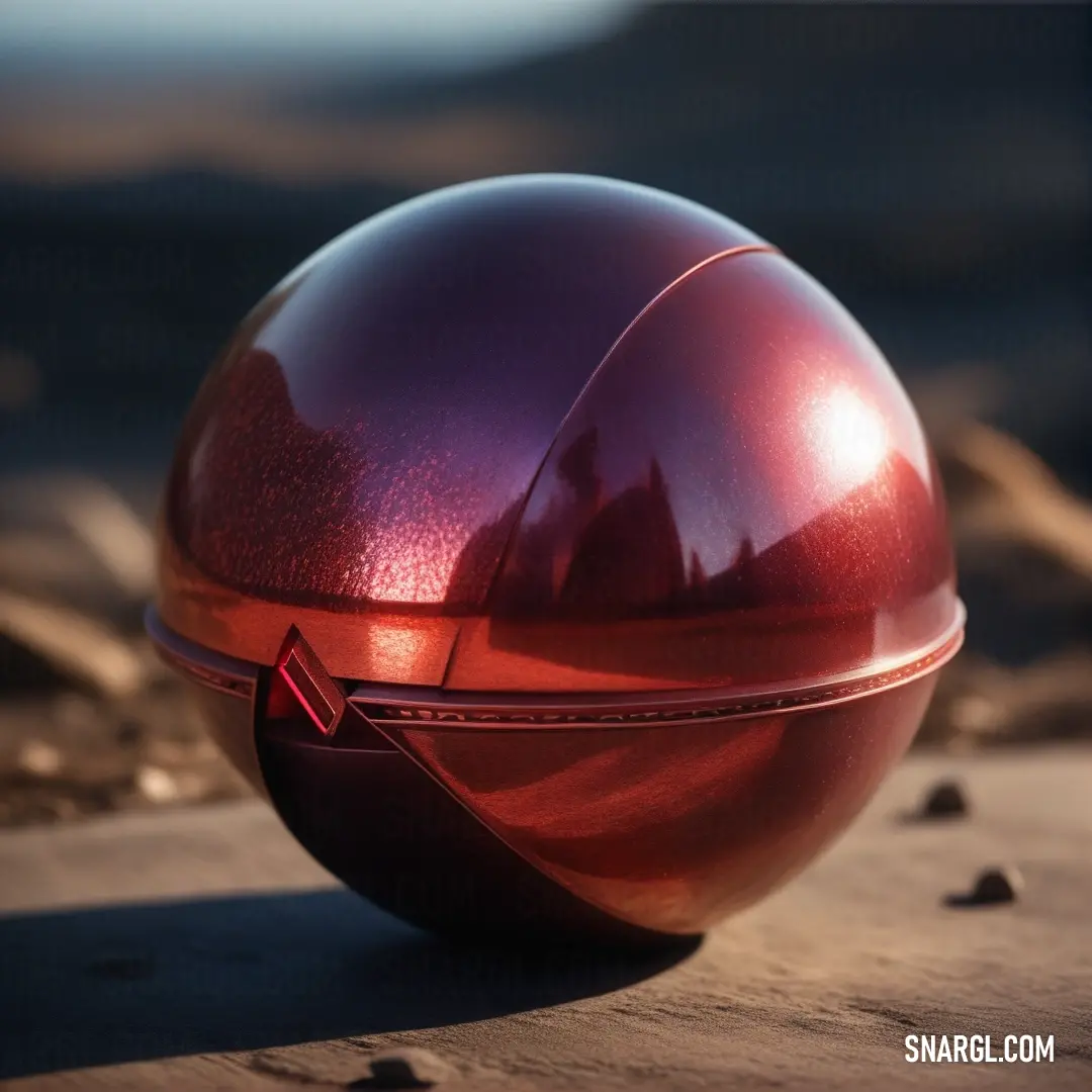 Sangria color. Shiny red object on a sandy surface with a blurry background