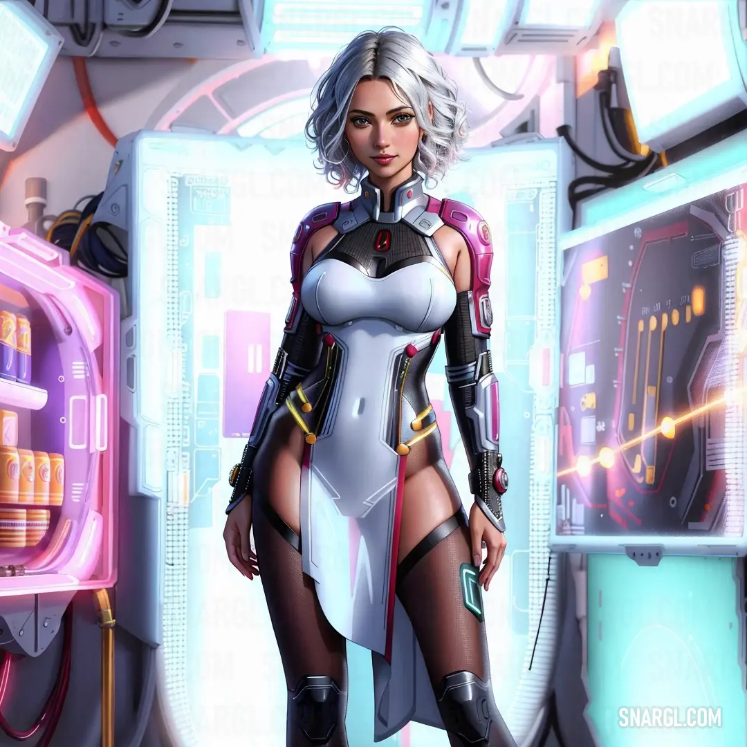 Woman in a futuristic suit standing in front of a neon background with a futuristic machine behind her
