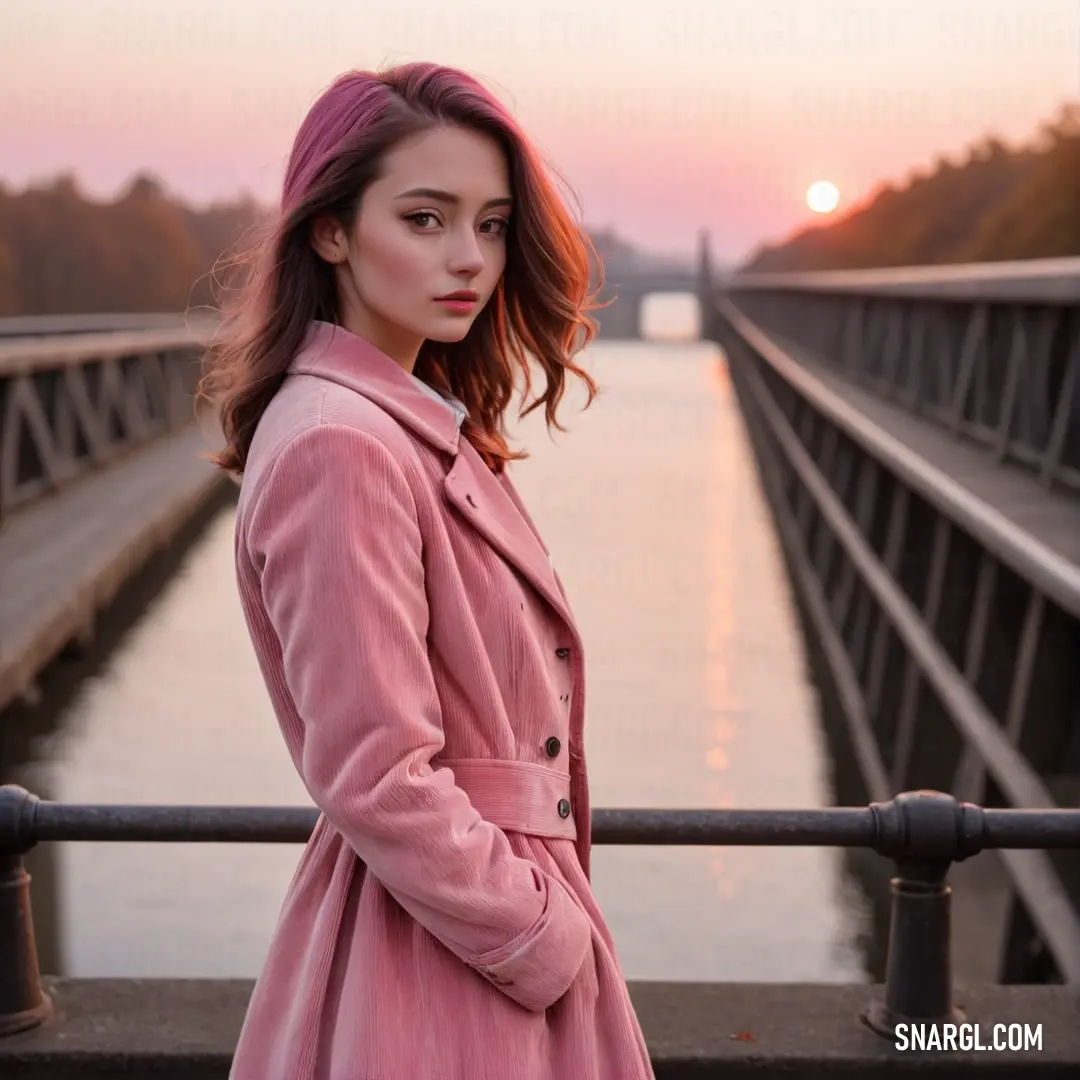 Woman in a pink coat is standing on a bridge near the water at sunset or sunrise or sunset