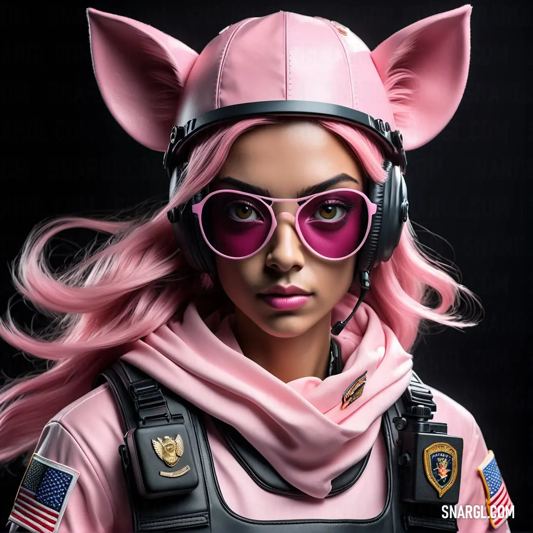 Woman with pink hair wearing a pink hat and pink sunglasses and a pink scarf and pink cat ears