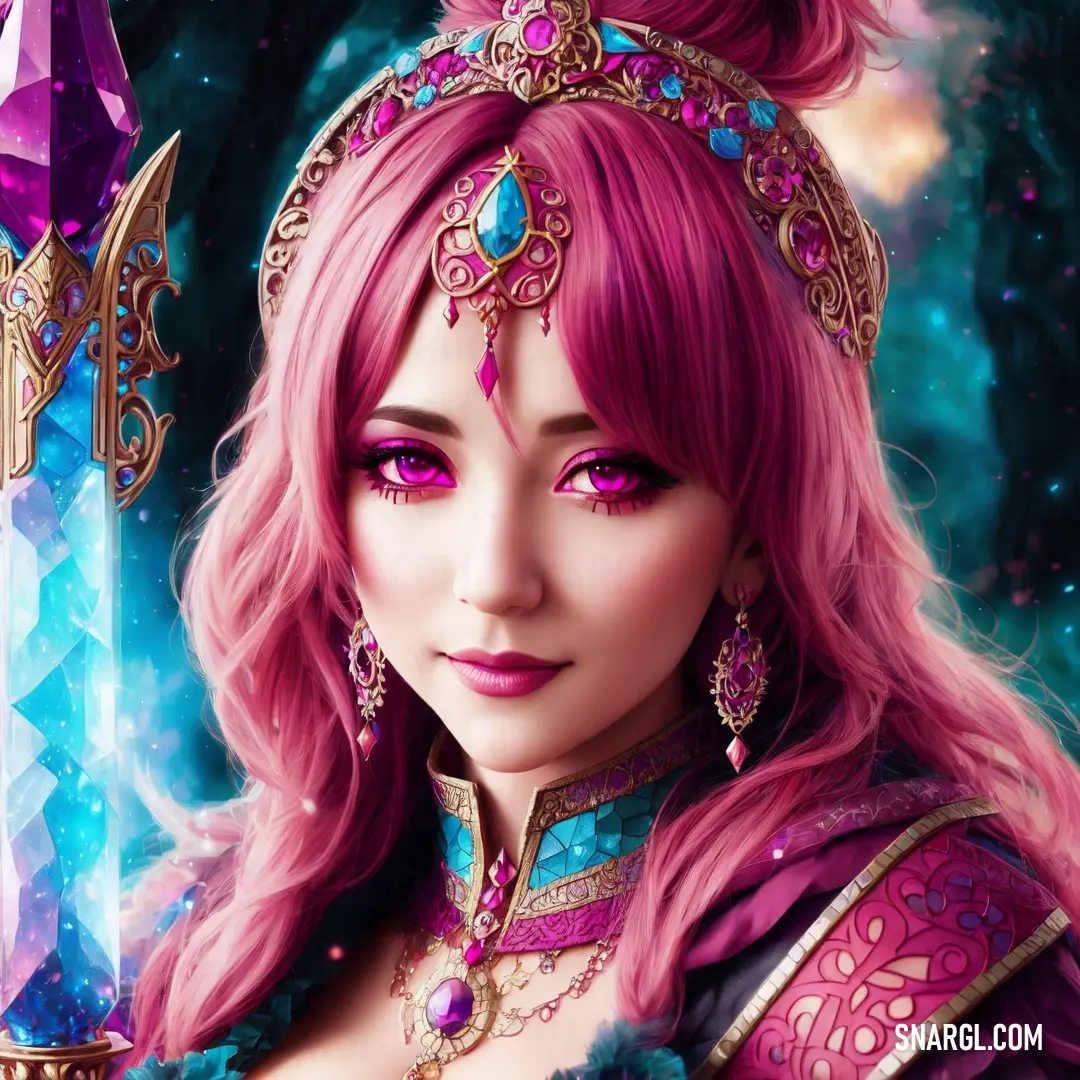 Woman with pink hair and a tiara holding a sword in her hand