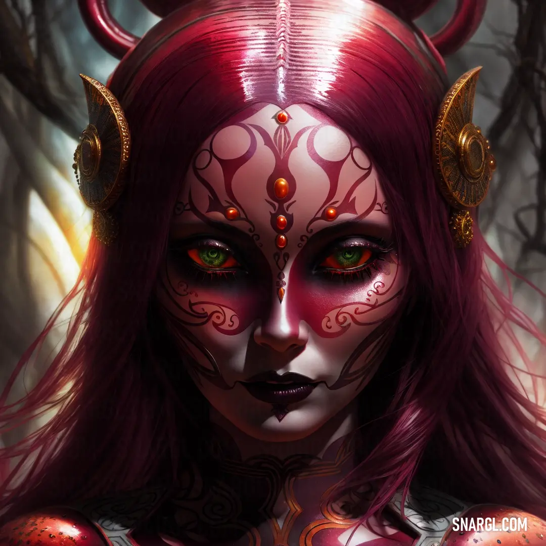 Woman with red hair and horns with horns on her head and a demon face painted on her forehead