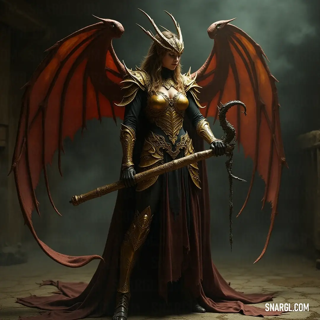 A striking figure dressed in a fantasy-inspired costume, wielding a sword and adorned with magnificent wings, ready for an epic journey. A woman clad in an elaborate costume, complete with a sword and majestic wings, stands poised against a captivating backdrop of adventure, exuding strength and grace.