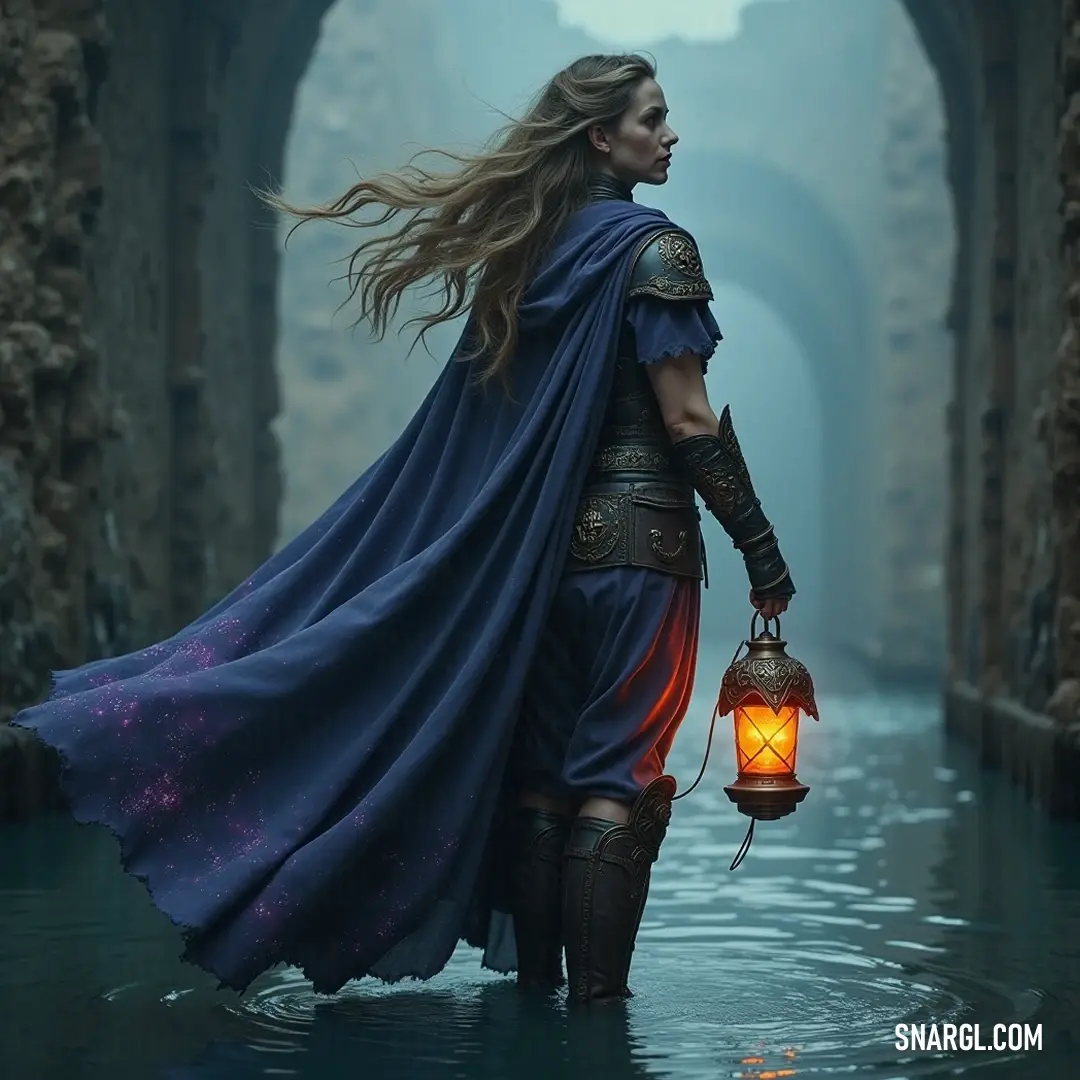 A woman in a flowing blue dress holds a lantern beside a peaceful river, with an elegant bridge framing the scene in the soft glow of twilight. A woman dressed in a flowing blue gown holds a radiant lantern, illuminating the twilight as she stands near a tranquil river, with a picturesque bridge arching gracefully in the background.