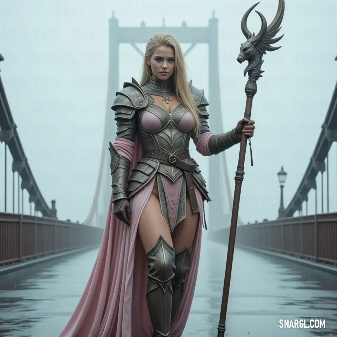 On a rain-drenched bridge, a dynamic figure holds a staff and a sword, embodying strength and resilience against the elements, framed by a backdrop of swirling storm clouds. A fierce character, dressed in a mystical costume, stands confidently on a rain-soaked bridge, wielding a staff in one hand and a sword in the other, balancing power and elegance as the storm brews around her.