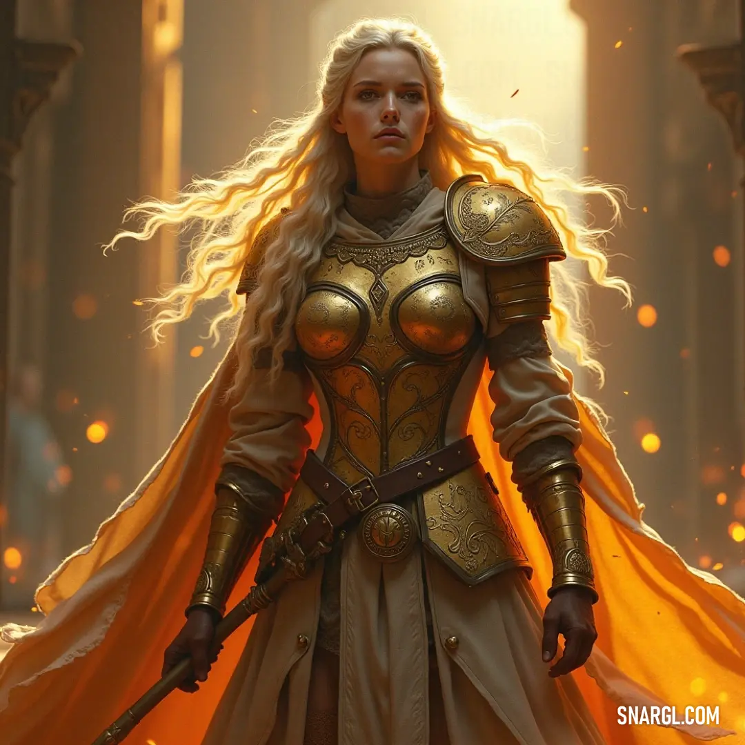 Sanna in a golden outfit, holding a sword with a flowing yellow cape, exuding strength and regal elegance. Sanna stands in an elaborate golden outfit, holding a sword and wearing a yellow cape that flows gracefully behind her, commanding attention in a striking display of strength and elegance.