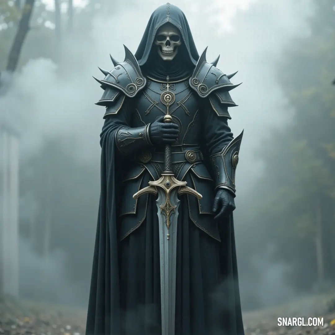 Santa Muerte stands in a fog-drenched forest, holding a sword with a quiet, solemn grace, embodying the peaceful yet powerful essence of the afterlife. Santa Muerte, a figure draped in a black hooded suit, holds a gleaming sword in a foggy forest. The surrounding trees seem to whisper ancient secrets, while the misty air enhances her solemn presence.