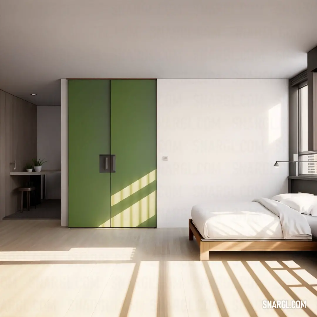 Sap green color example: Bedroom with a bed and a green door in it's corner and a window with a light coming through