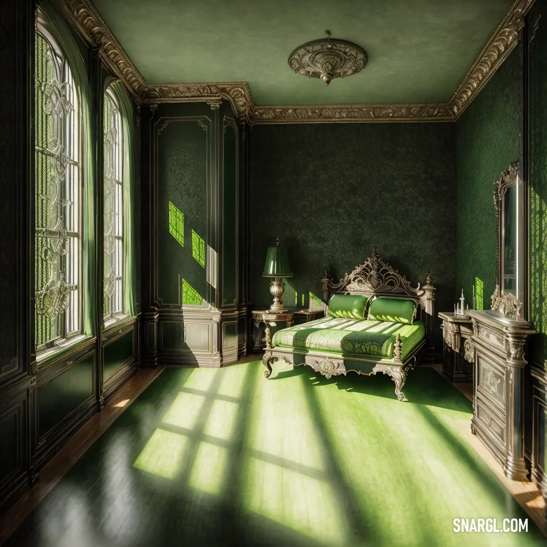 Bedroom with green walls and a green bed in the middle of the room with a green rug on the floor