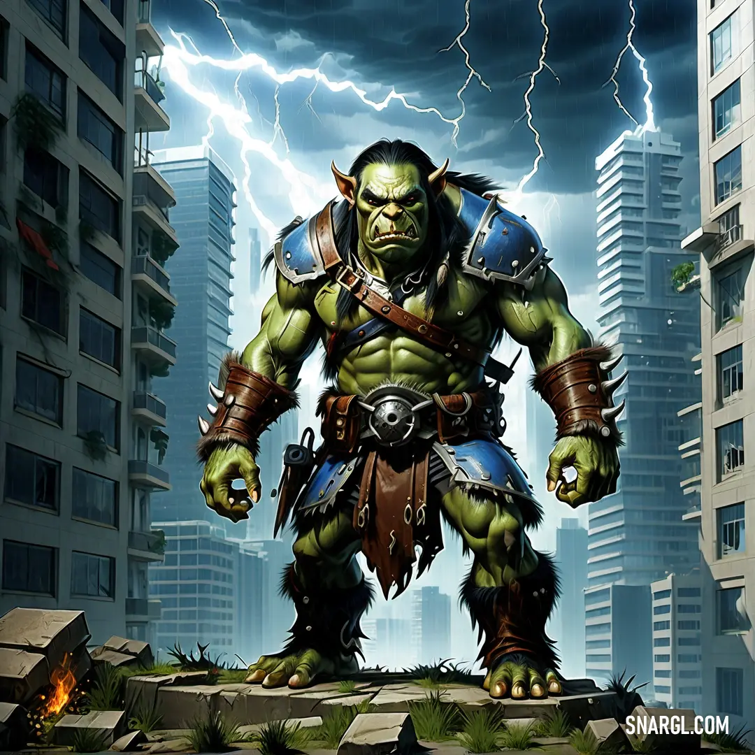 Cartoon of a giant monster standing in a city with a lightning in the background. Example of RGB 80,125,42 color.
