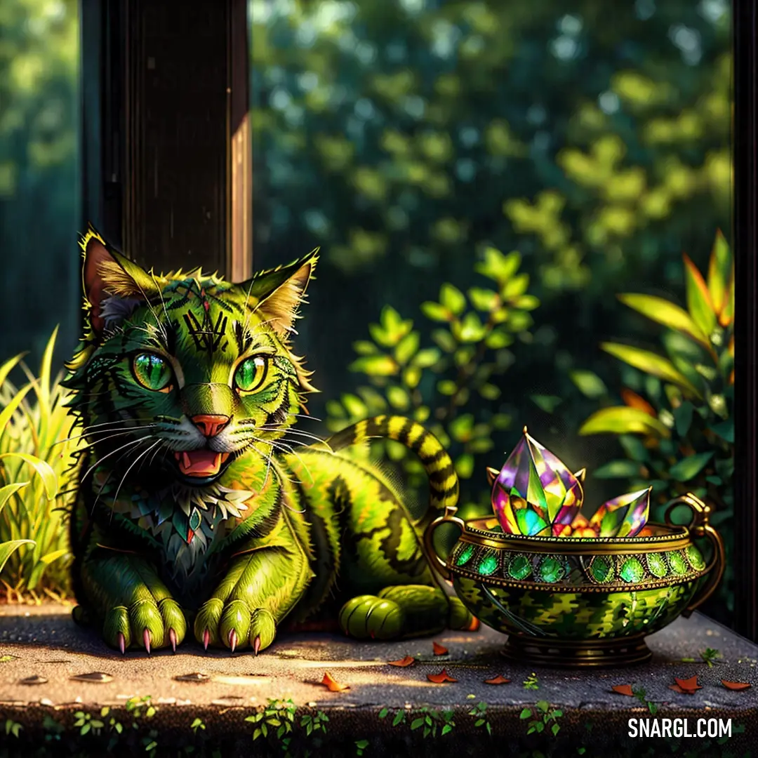 Cat next to a bowl of flowers on a table next to a window with a green cat