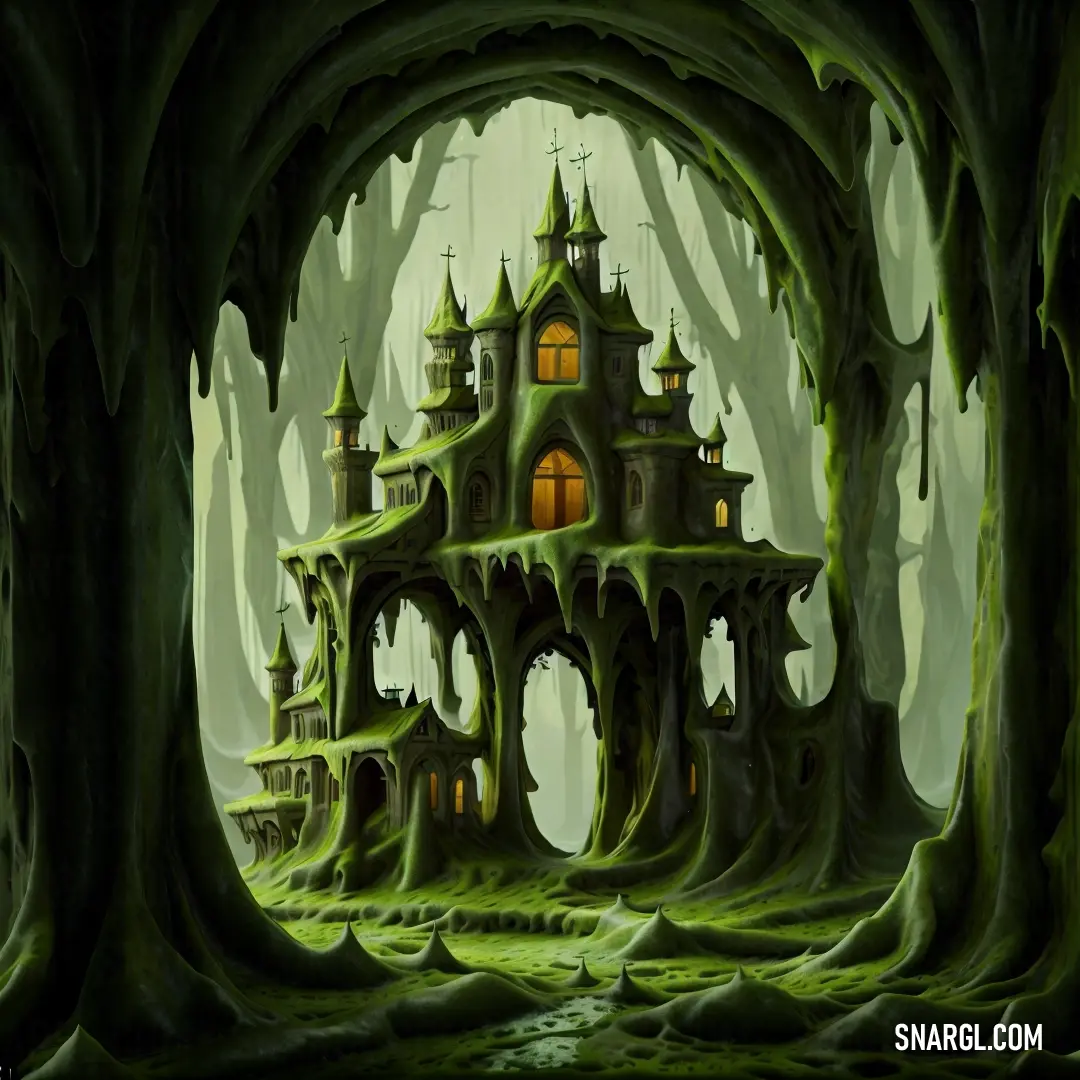 Fantasy castle in a forest with trees and moss on the ground and a light in the window above it
