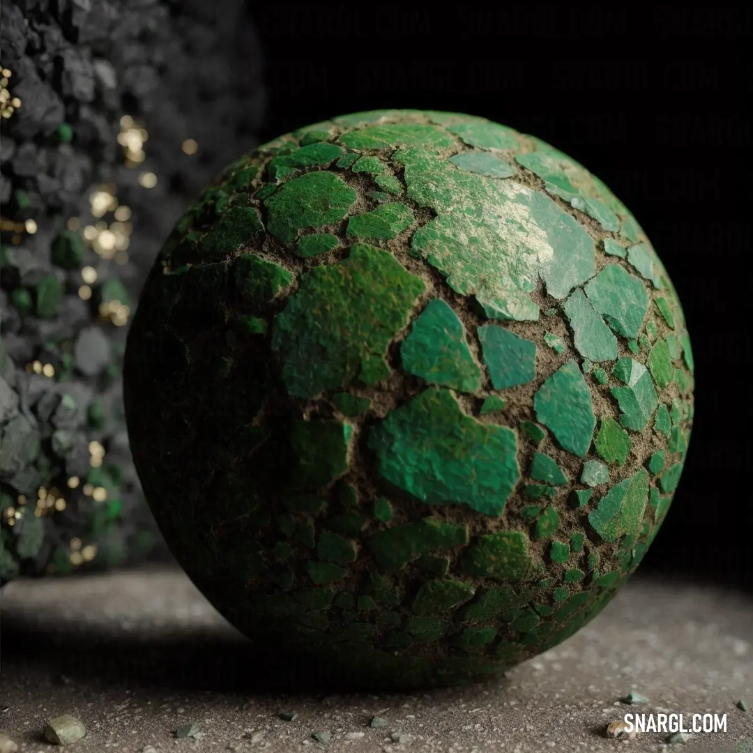 Green ball on top of a cement floor next to a black wall with gold flakes on it