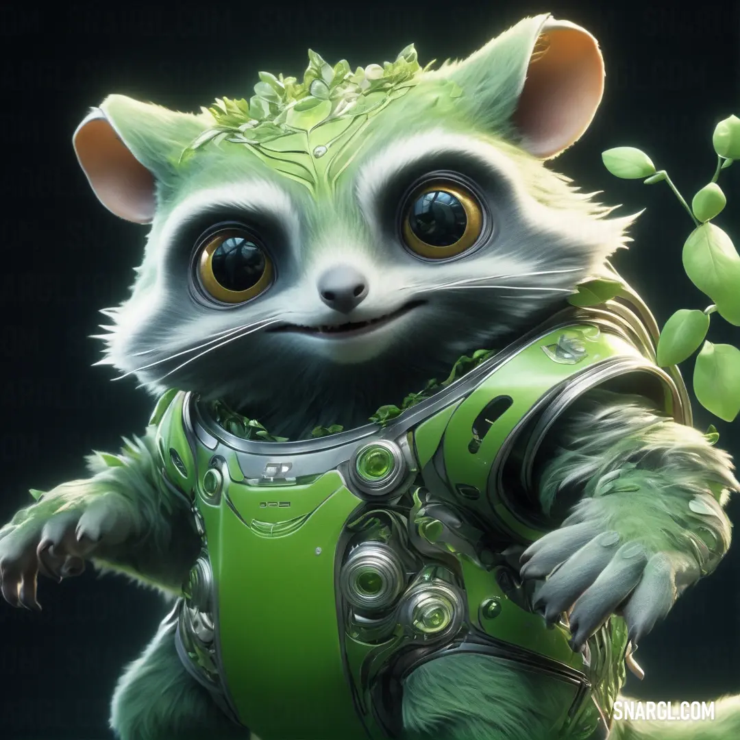 Painting of a racoon dressed in armor and holding a plant in its paws with a black background. Color #507D2A.