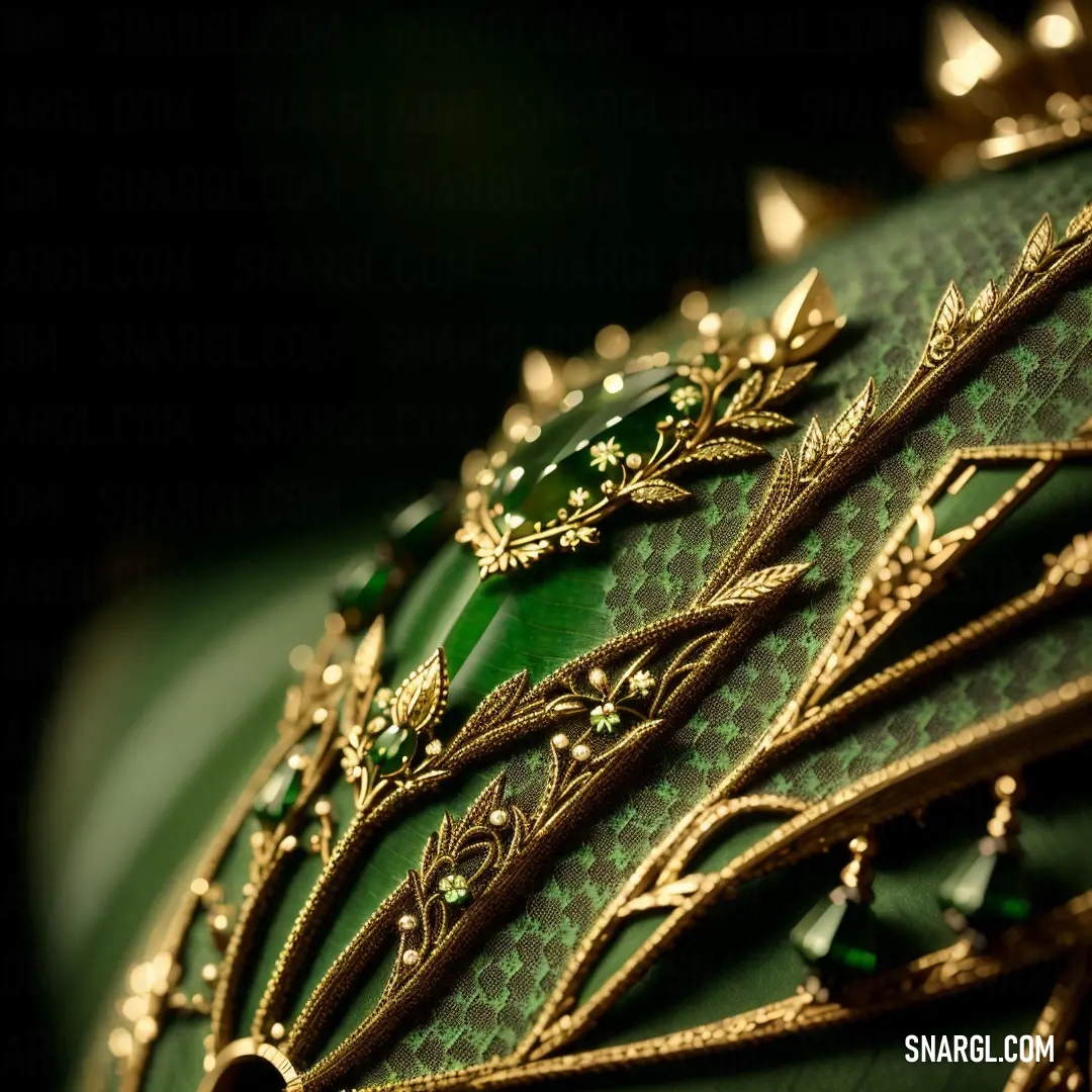 Close up of a green and gold brooch with a crown on top of it's head. Color #507D2A.