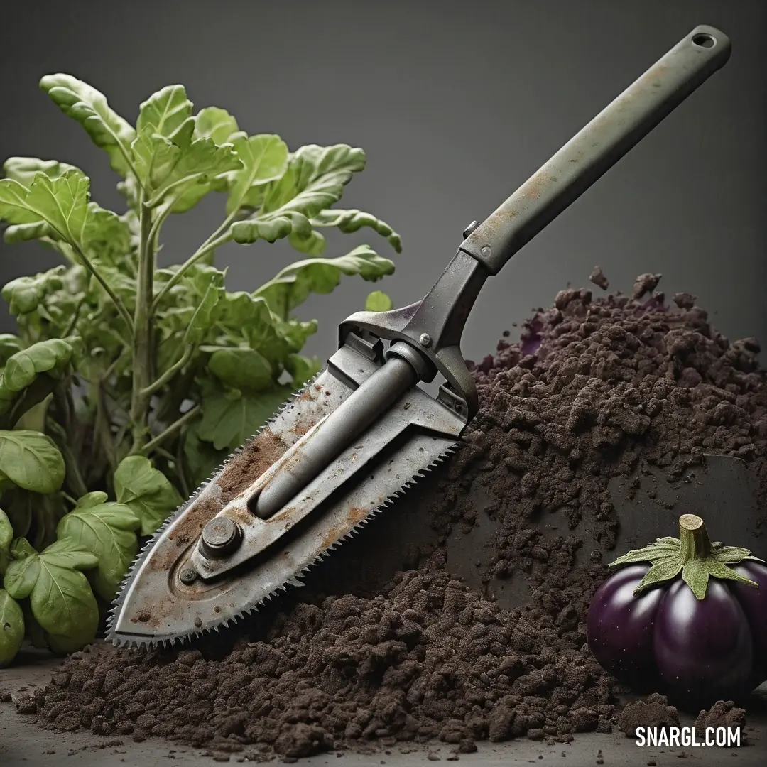 Garden tool is laying on top of a pile of dirt and vegetables, with a plant in the background. Color Sap green.